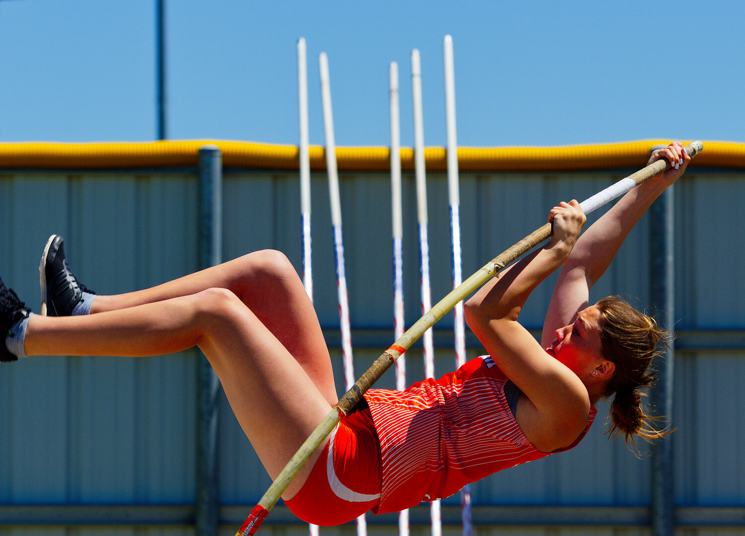 Mineola pole-vaulter Milo Reed cleared 8'6" to earn fourth place. [see more speed and strength on display]